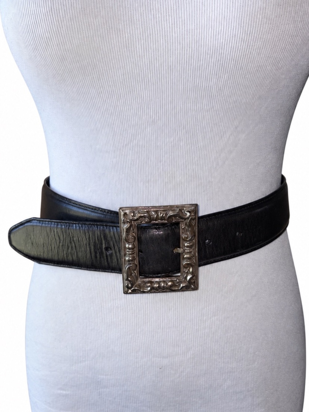 Vintage 90s Brighton Black Belt Ornate Silver-Tone Buckle Small